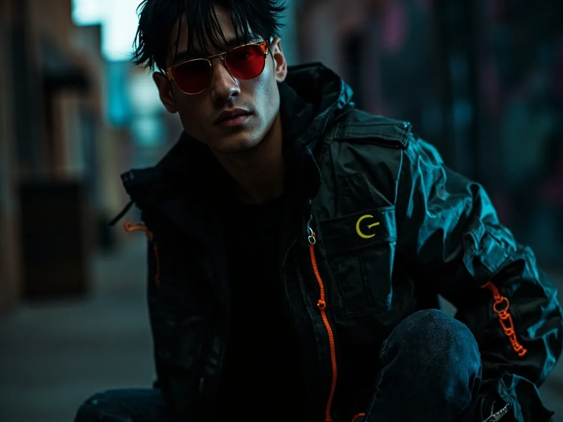 Technical utility jacket in moody industrial urban setting