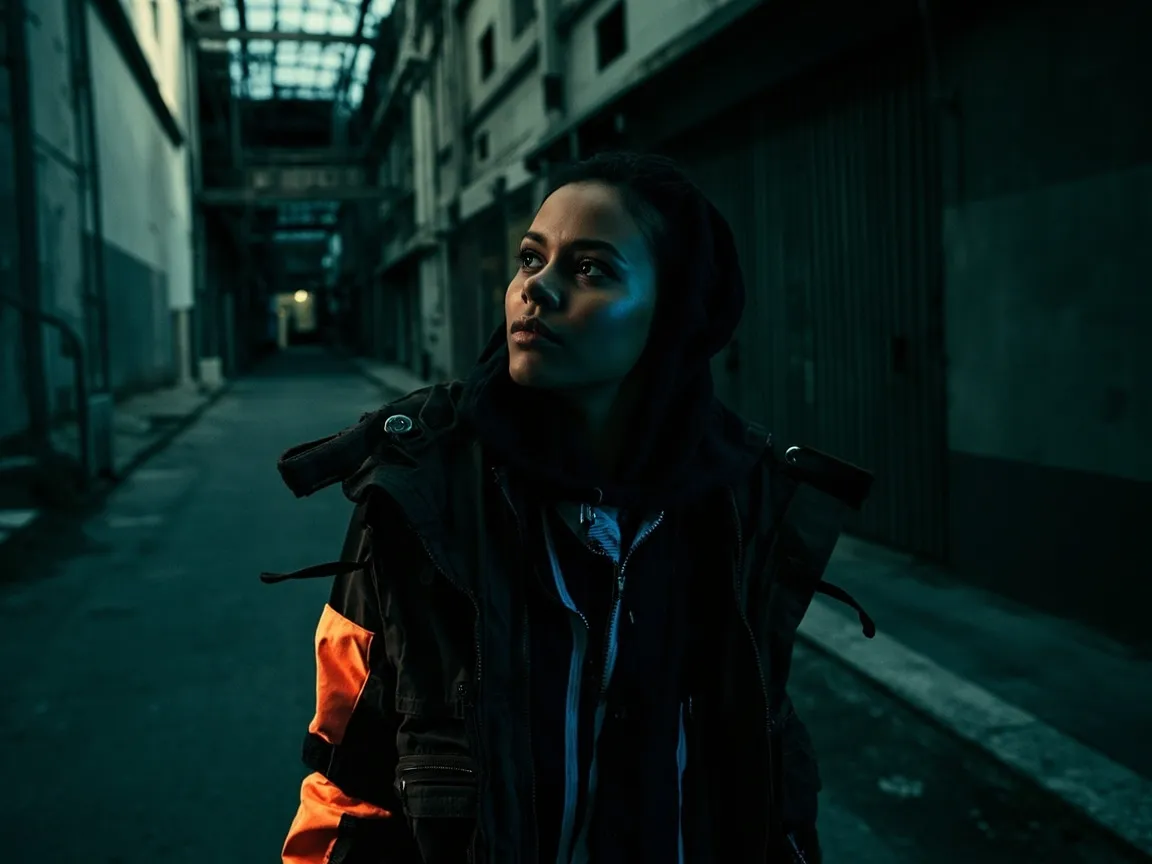 Edgy streetwear jacket, electric blue accent lighting