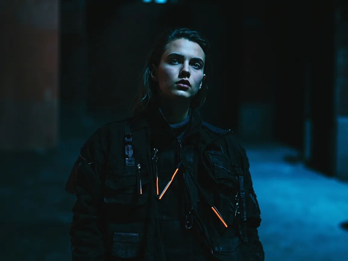 Technical jacket with zipper details in dark urban alley