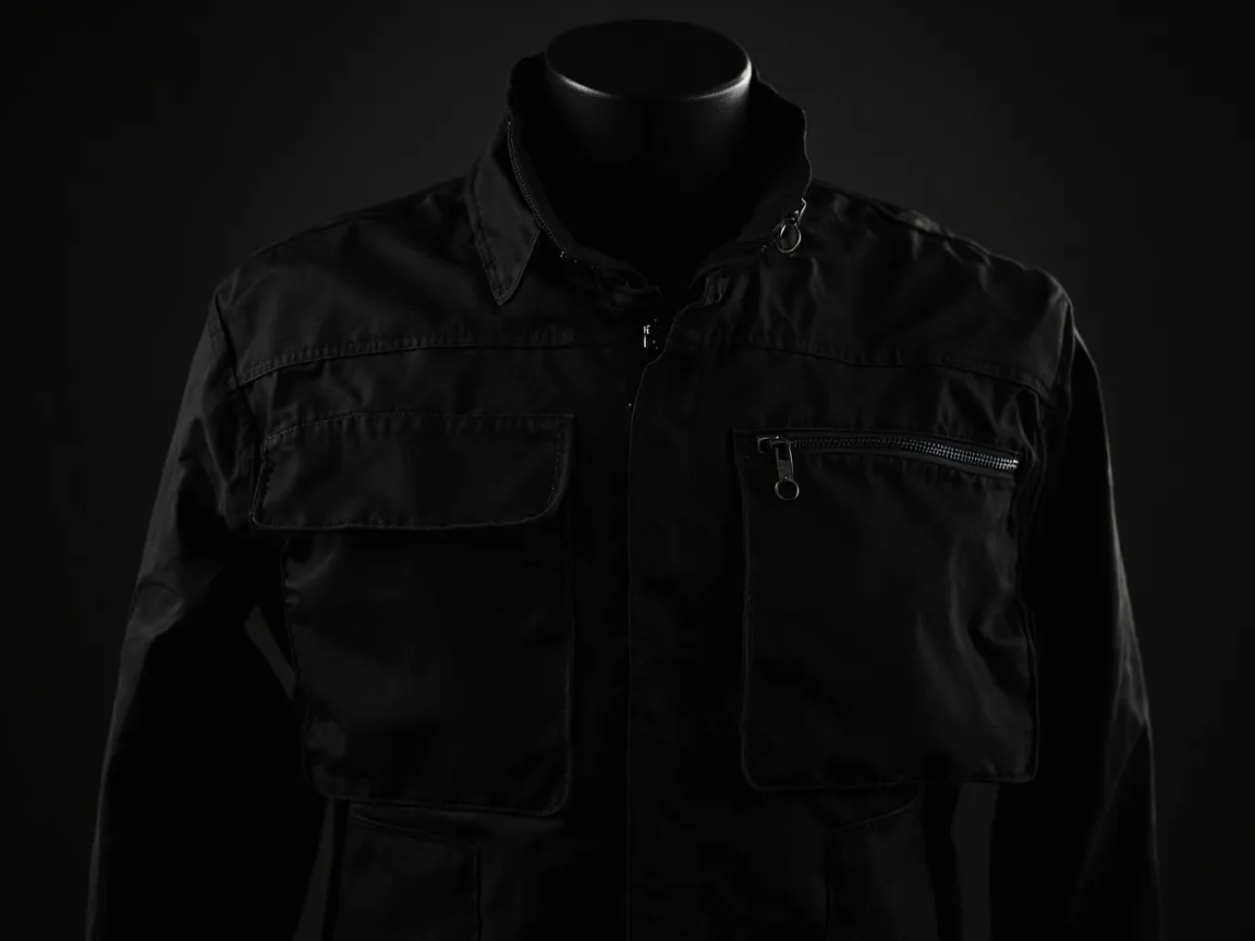 Close-up product shot of technical jacket pocket and zipper details