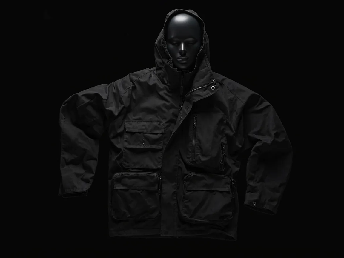 Premium technical outerwear laid flat, studio product shot